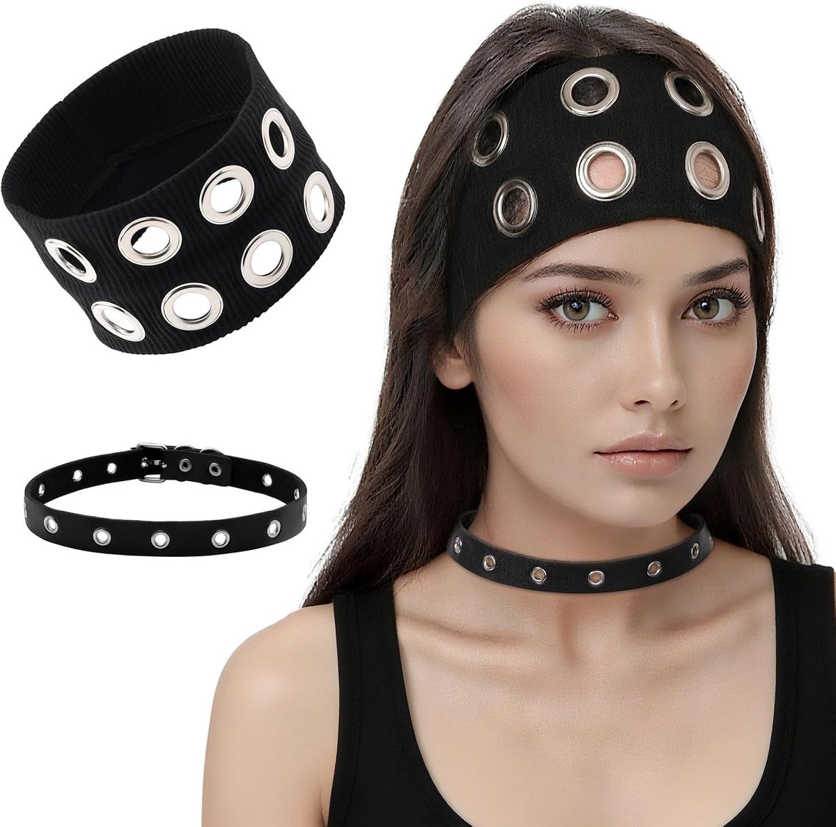 90s Vintage Choker en Haarband voor Vrouwen - Y2K Kostuum Accessoires, Leer en Oogketting