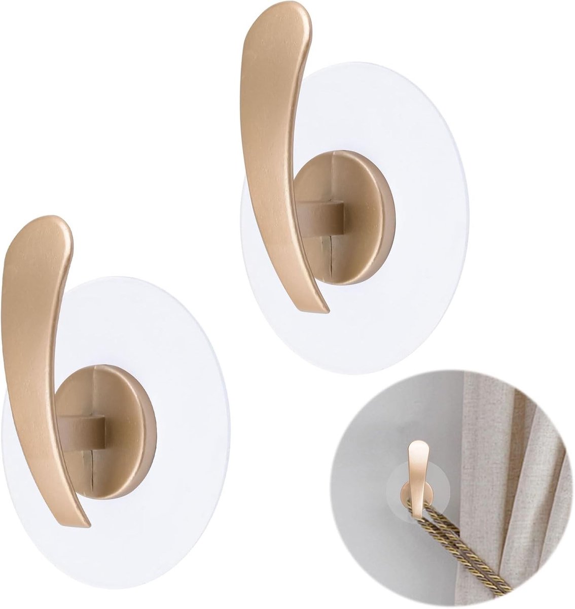 2 stuks zelfklevende gordijnhaken met ronde transparante basis, eenvoudig te installeren zonder boren, ideaal voor huurappartementen en raamdecoratie