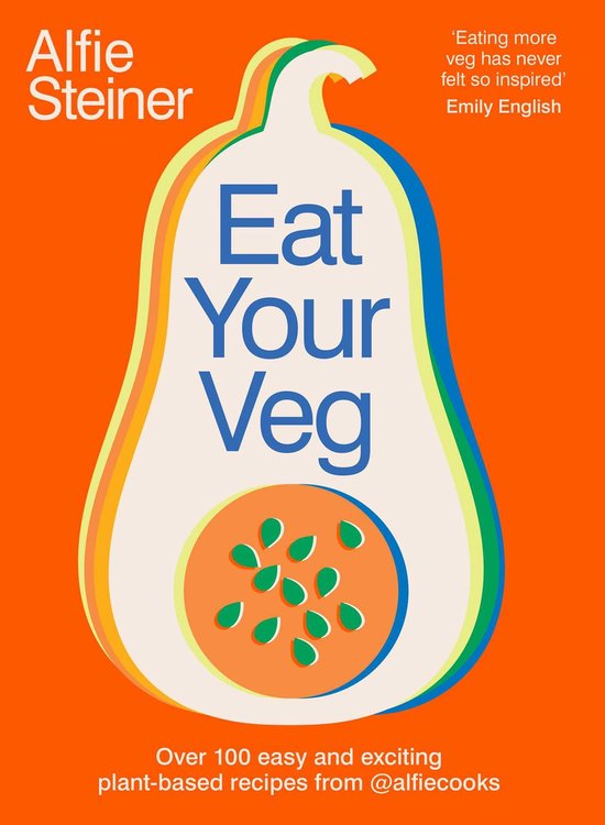 Livre 'Eat Your Veg' par Alfie Steiner, avec une citrouille stylisée et le texte 'Eat Your Veg'.