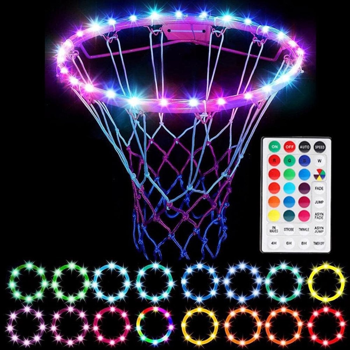 Verlichte Basketbalring met Afstandsbediening, 4 Modi en 16 Kleuren, Waterdichte LED Nachtverlichting voor Sport en Decoratie (1 Stuk)