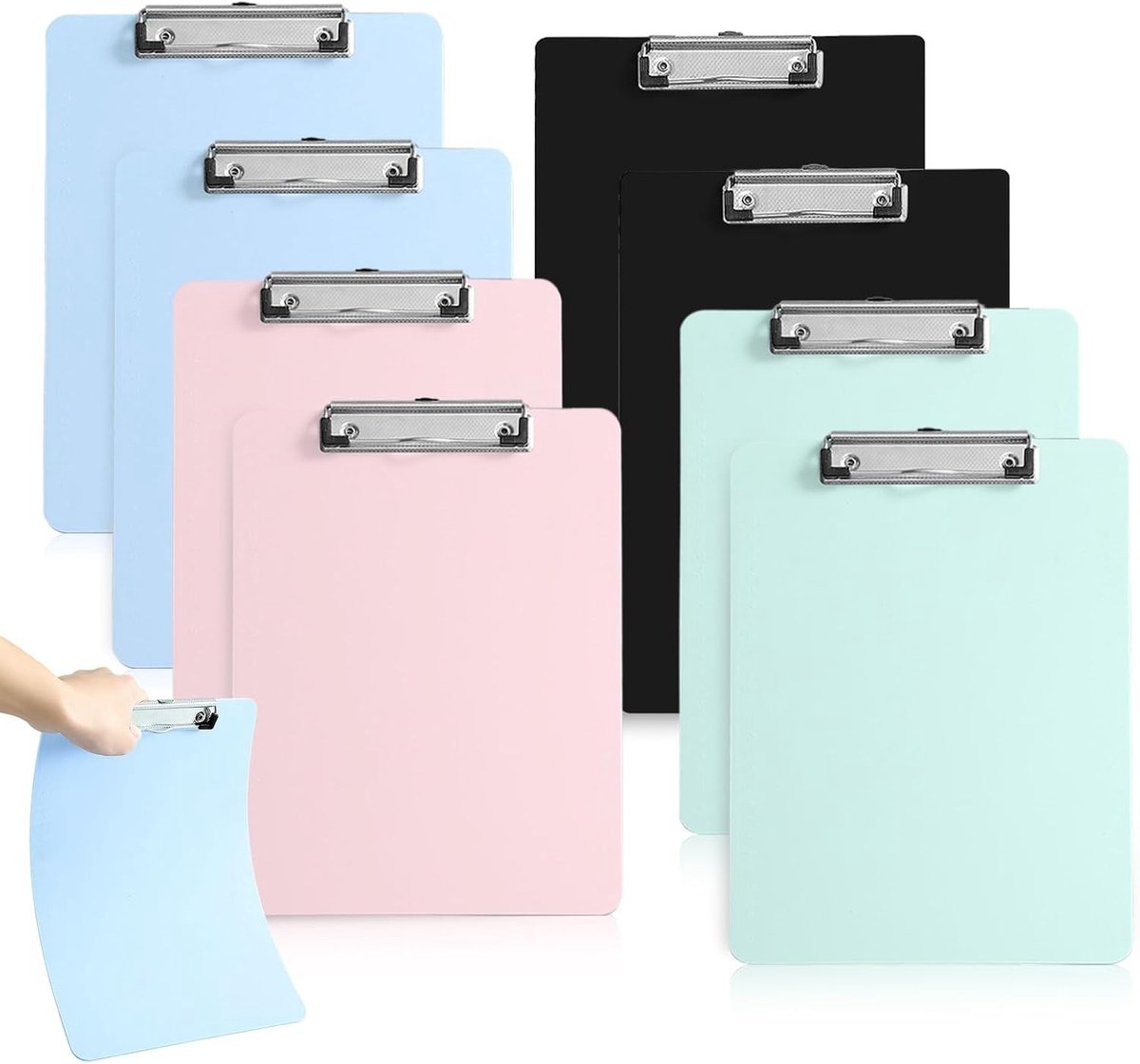 Set van 8 A4 Clipboard in 4 Kleuren met Metalen Clip en Verborgen Haak, Ideaal voor Documenten, Tekeningen en Menu's (31,5 x 22,5 cm)