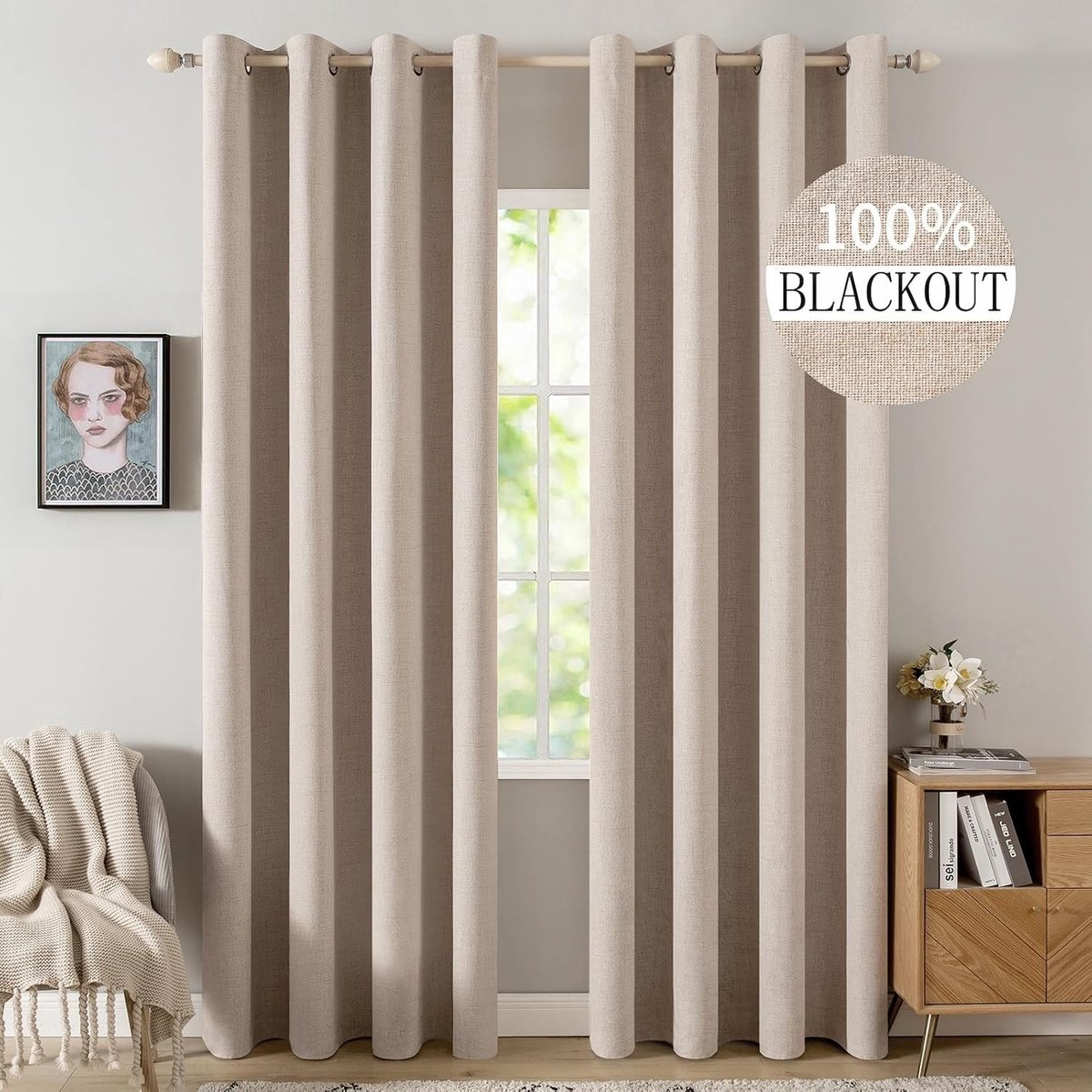 Akoestisch gordijn - Beige - 140 x 200 cm - Linnenlook Verduisteringsgordijn - Set van 2 voor Woonkamer en Slaapkamer