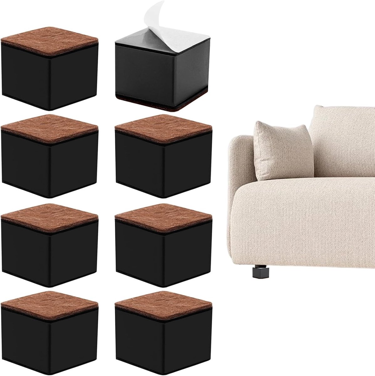 Set van 8 Zelfklevende Meubelverhogers van Koolstofstaal voor Bedden en Banken - 6 x 6 x 2 cm, Verhoogt Meubelpoten voor Optimale Ruimte en Comfort