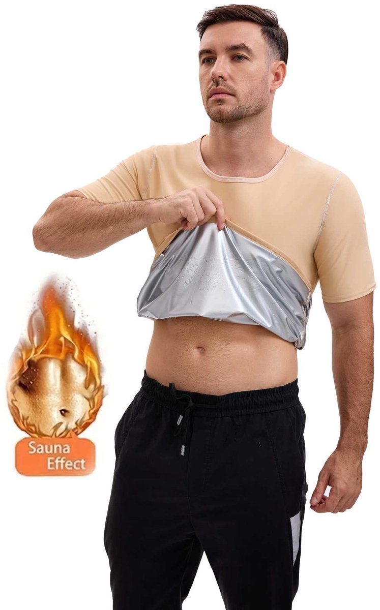 Heren zweetpak‑korte mouwen‑buikcontrole taillevormend sportkleding-Nude buitenkant, zilveren binnenkant, S/M