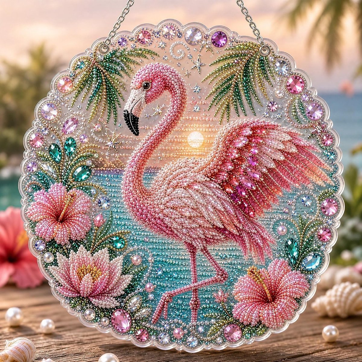 Casalora® Diamond Painting Flamingohanger – 5D Acryl Vogeldecoratie – Tropische Flamingo – Enkelzijdige DIY Set met Parels en Speciale Vorm Diamantjes – Flamingo Raamdecoratie – 25 × 25 cm