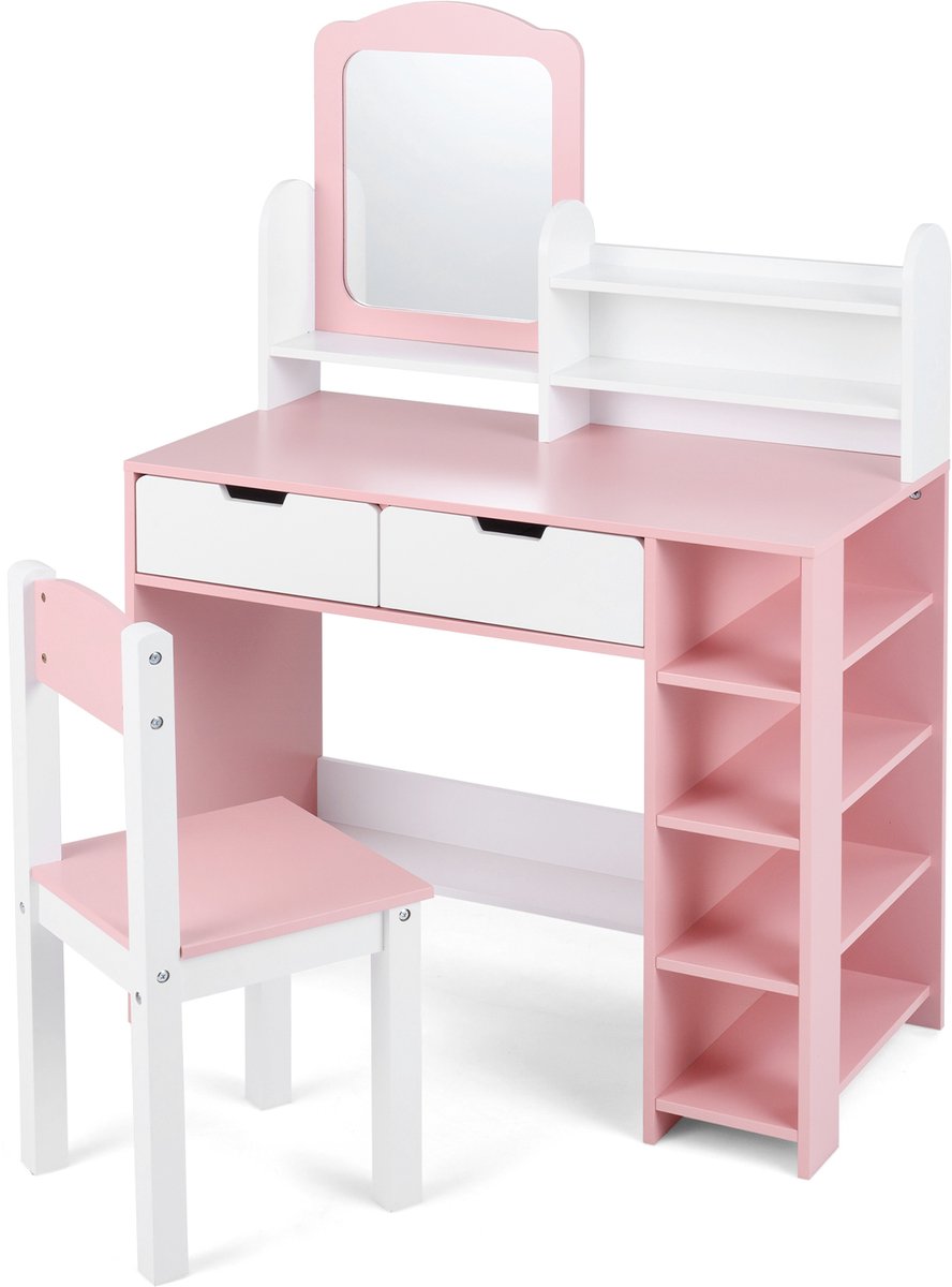 COSTWAY Kindermake-uptafel, Kaptafel met Kruk & Spiegel