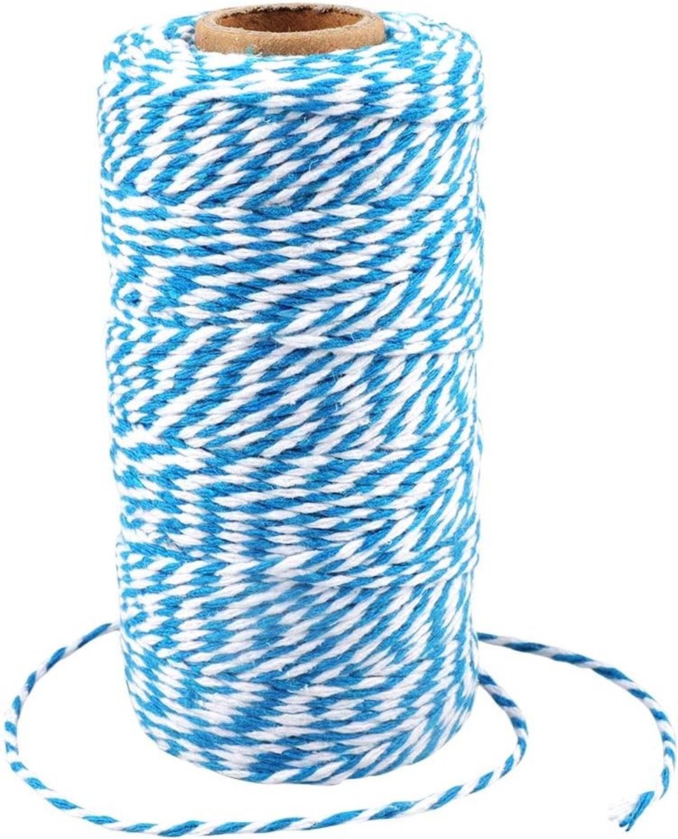 100m Zeeblauwe en Witte Katoenen Touw, 2mm Cadeautouw voor Inpakken, Knutsel- en Tuinprojecten, Perfect voor DIY Creaties en Versieringen