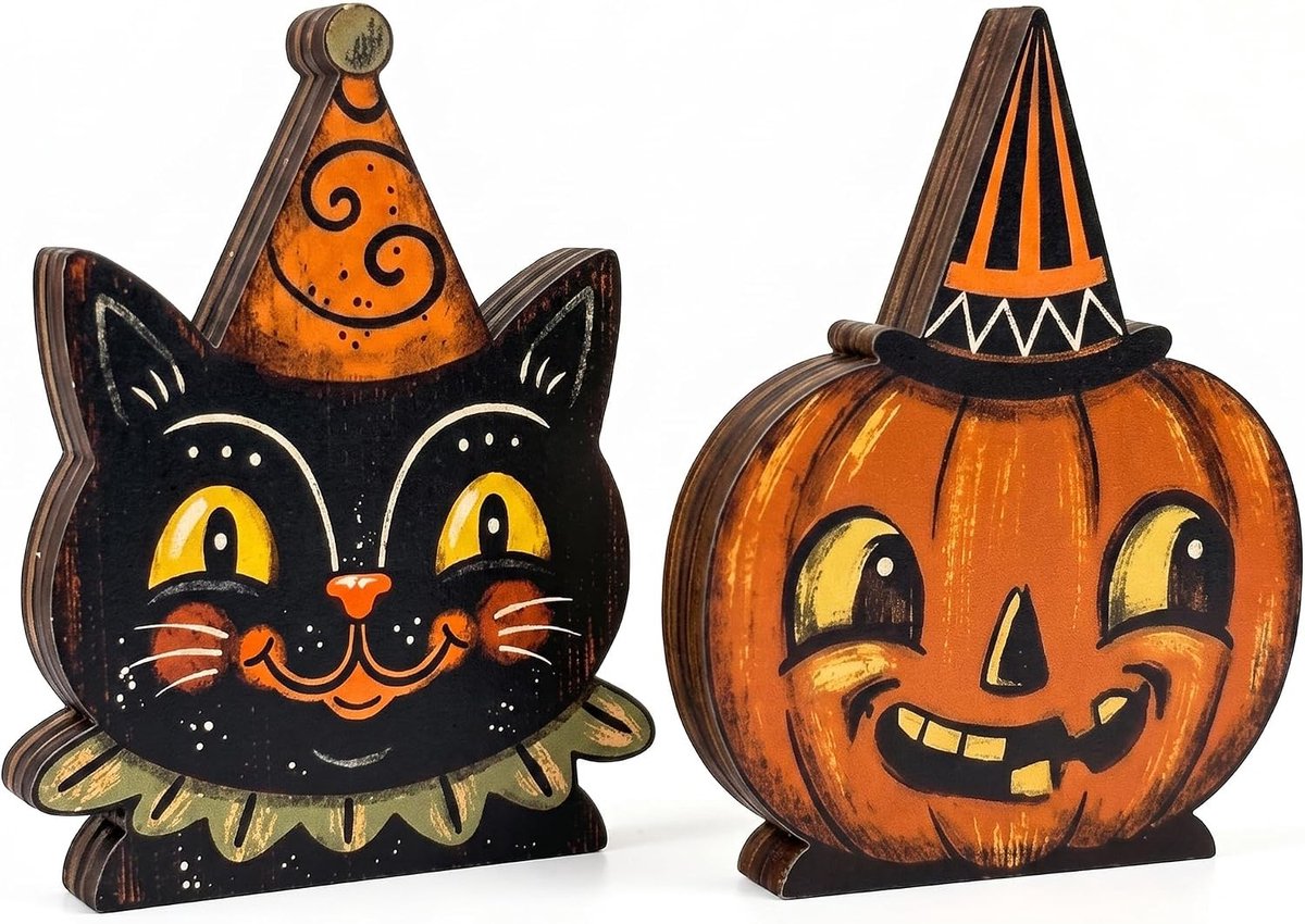 2 Stuks Retro Houten Halloween Decoratiebordjes - Zwarte Kat en Pompoen - Voor Schoorsteenmantel, Etagère, Tafel - SOLLBRY®