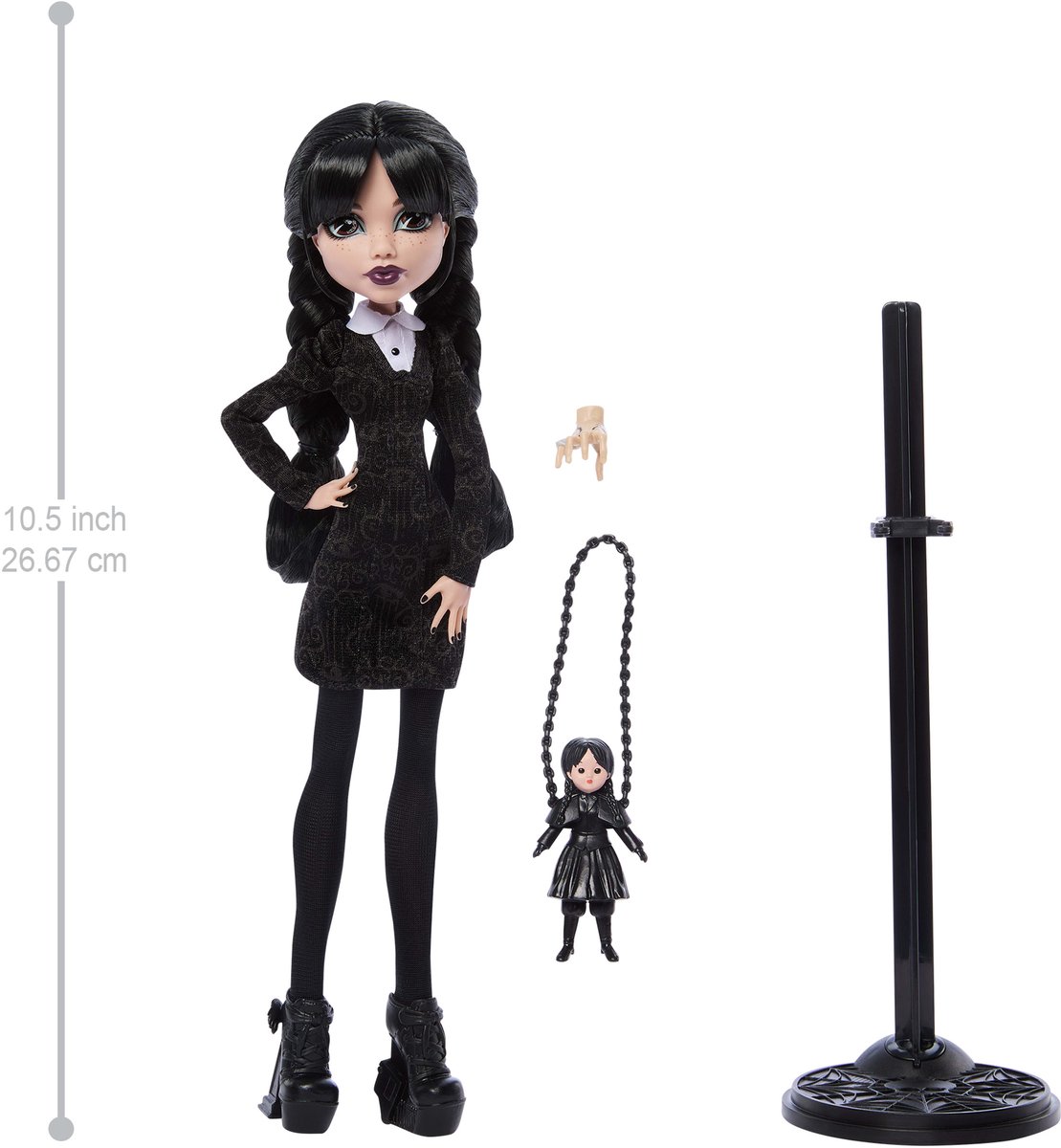 Monster High x Wednesday verzamelpop - Wednesday Addams in zwarte jurk met Thing als accessoire — afbeelding 4