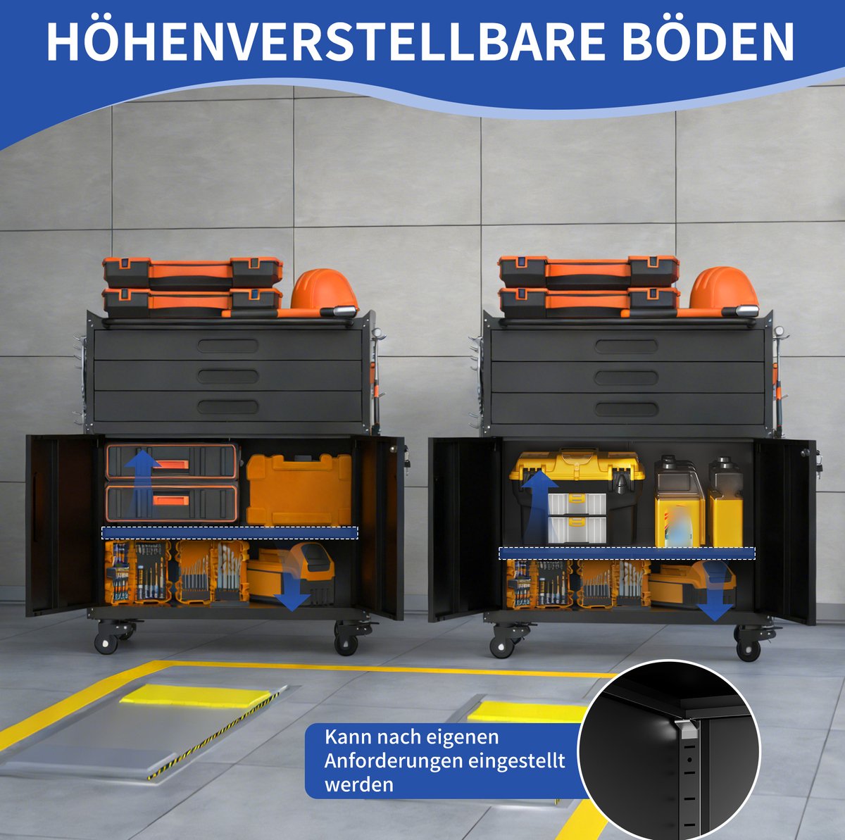MIVRAY Gereedschapskast - Mobiele Stalen Werkbank Met 3 Lades En Afsluitbare Deuren - Voor Garage En Werkplaats - Zwart - 87,38 Cm