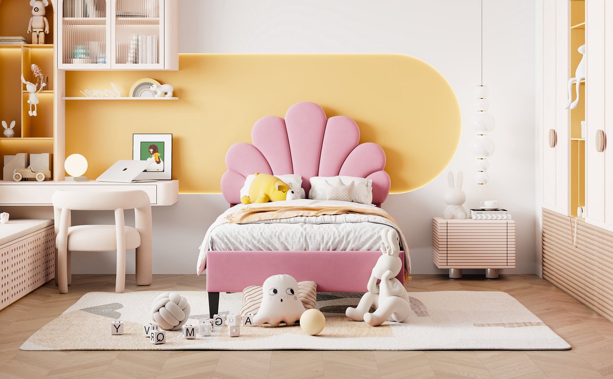 WUVRIE Normaal bed 90x200 cm met bloemvormig hoofdbord, fluwelen bekleding en lattenbodem, roze