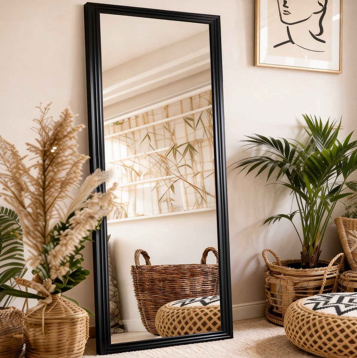 Spiegel Staande Rechthoekige Vollengte Spiegel 160 x 50 cm Hout Metaal Zwart Voor Woon En Commerciële Ruimtes