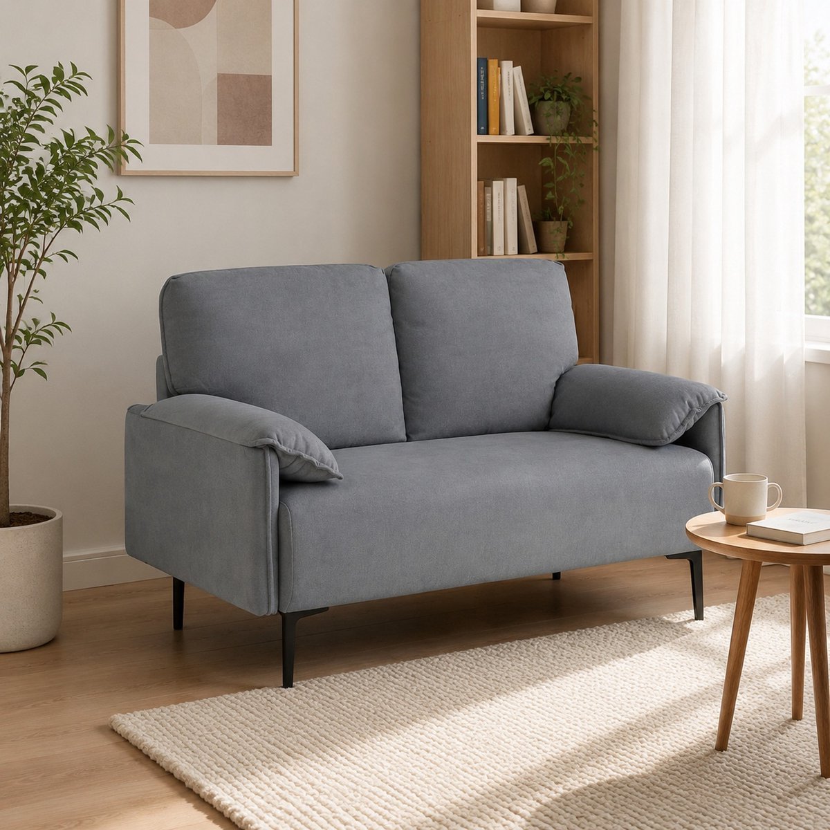 Wishdor Zitbank - 2 zitplaatsen - Dikke kussens met rugkussens - Stoffen bekleding met metalen poten - Grijs - Modern voor woonkamer slaapkamer kantoor - 127 x 72 x 84 cm
