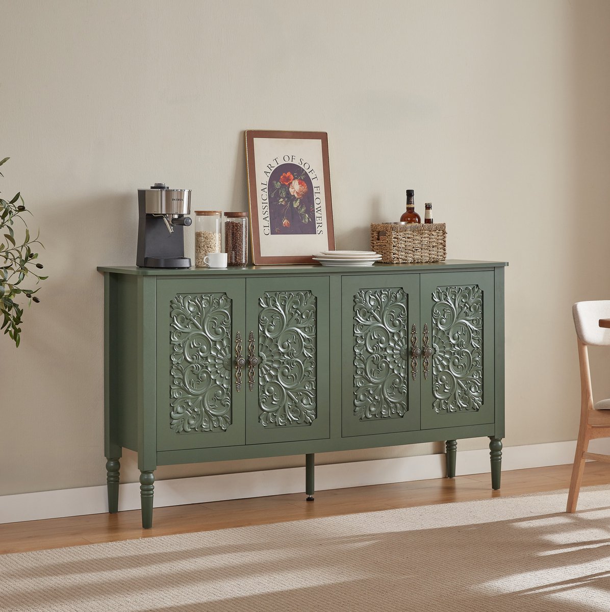MIVRAY Dressoir Retro Vintage Met Reliëfdeuren En Opbergruimte Voor Woonkamer Eetkamer En Hal Hout Groen 160x40x89 Cm