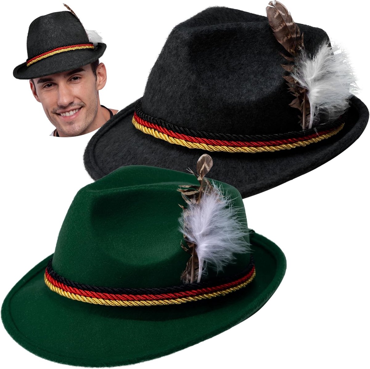 Set van 2 Alpenhoeden van Vilt in Zwart en Groen voor Halloween en Oktoberfest Kostuums voor Volwassenen