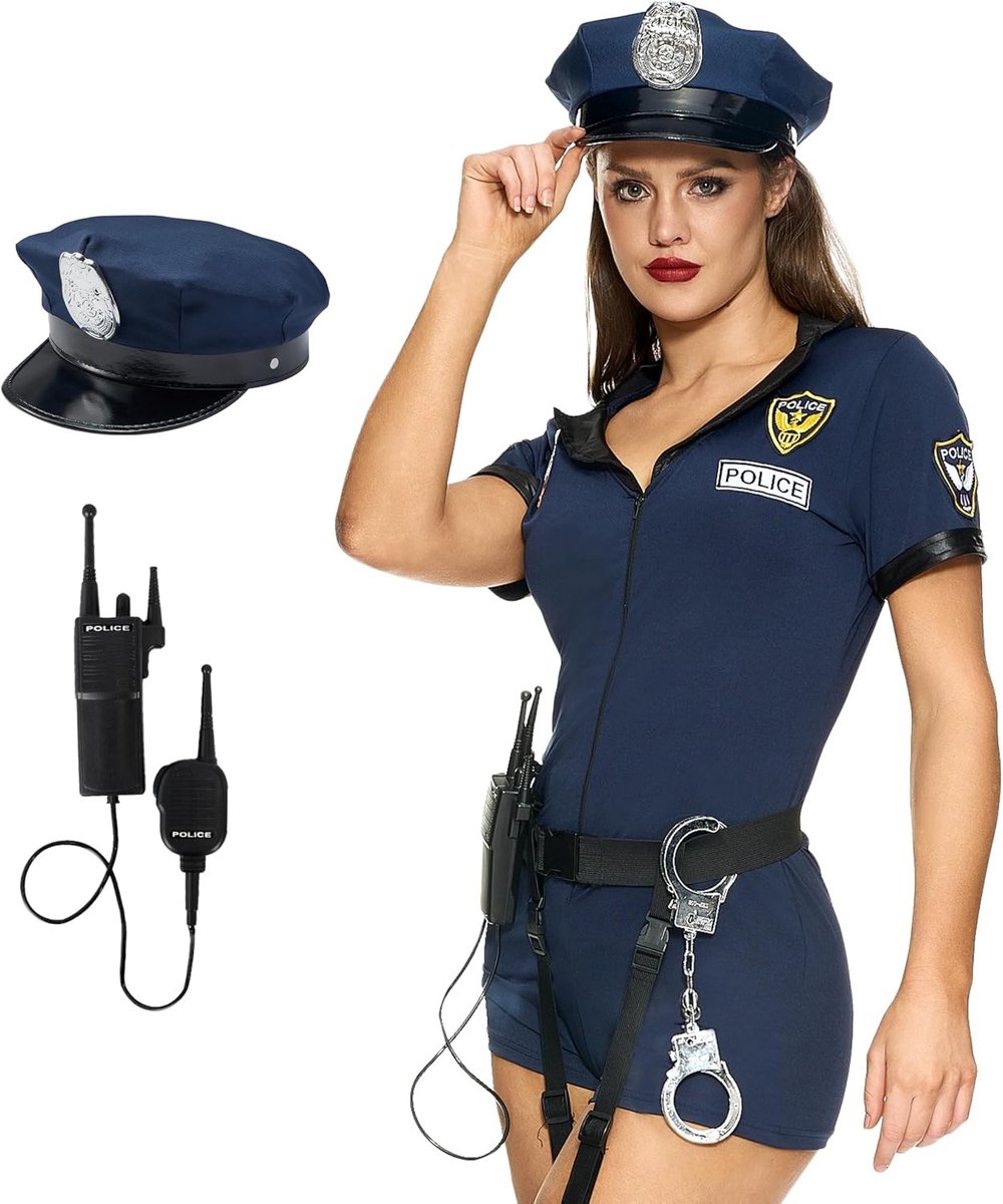Vrouwelijk Politie Kostuum voor Halloween - Blauwe Romper Set met Hoed, Handboeien en Walkie Talkie voor Volwassenen