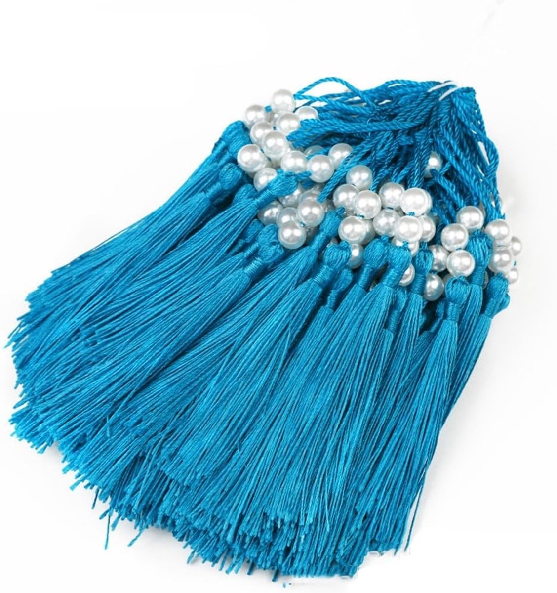 Kleurige Mini Tassels met Lus - 100 Stuks Beaded Tassel Hangertjes voor DIY Creaties en Knutselen, Handgemaakte Zijde Tassels in Zee Blauw