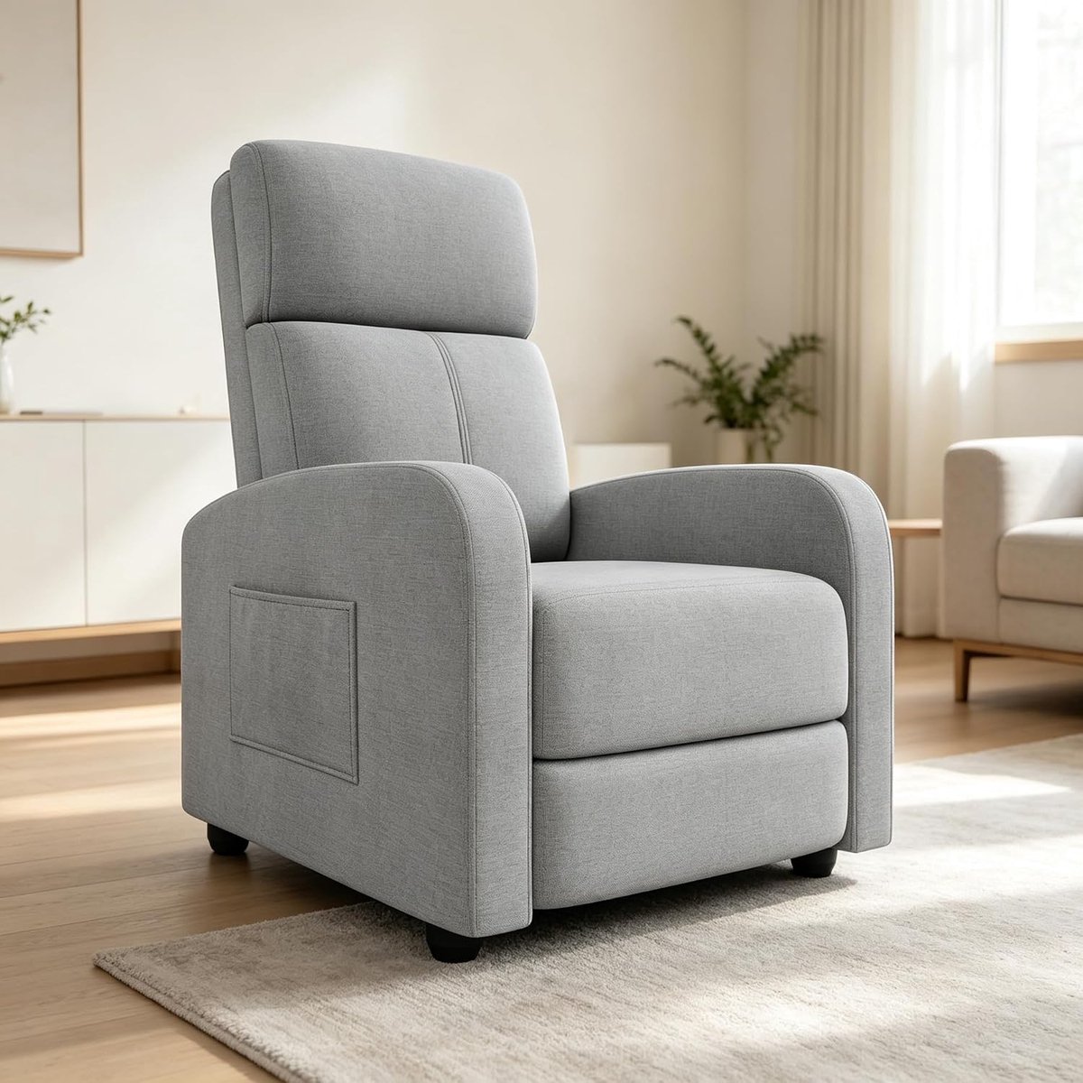 Triumpunpre Fauteuil Inclinable Manuel En Tissu - Dossier Haut, Accoudoirs Larges,Soutien lombaire, poche latérale - pour salon ou home cinéma Lichtgrijs