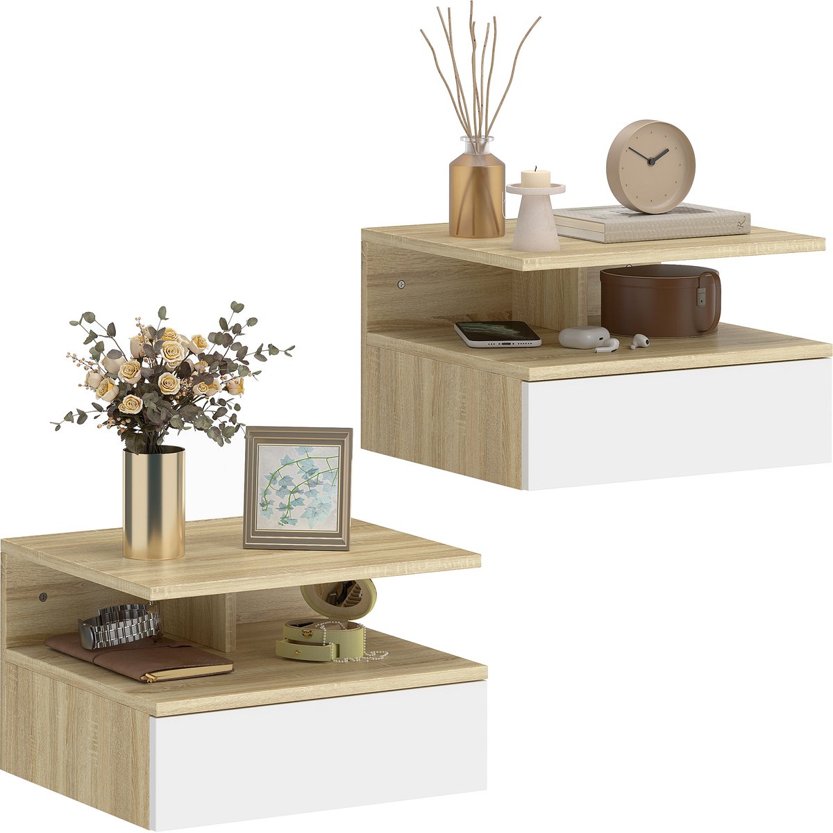 HOMCOM Nachtkastje - Spaanplaat - 35x32x22,5cm - Wit en Eiken