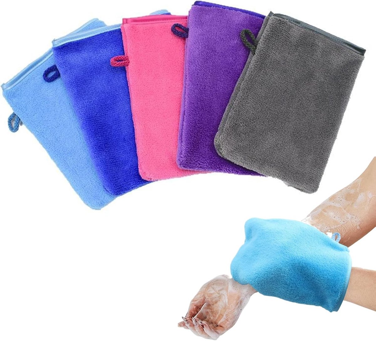 Set van 5 Zachte Microvezel Wasdoeken voor Lichaam en Gezicht, Flanellen en Terry Wasdoeken