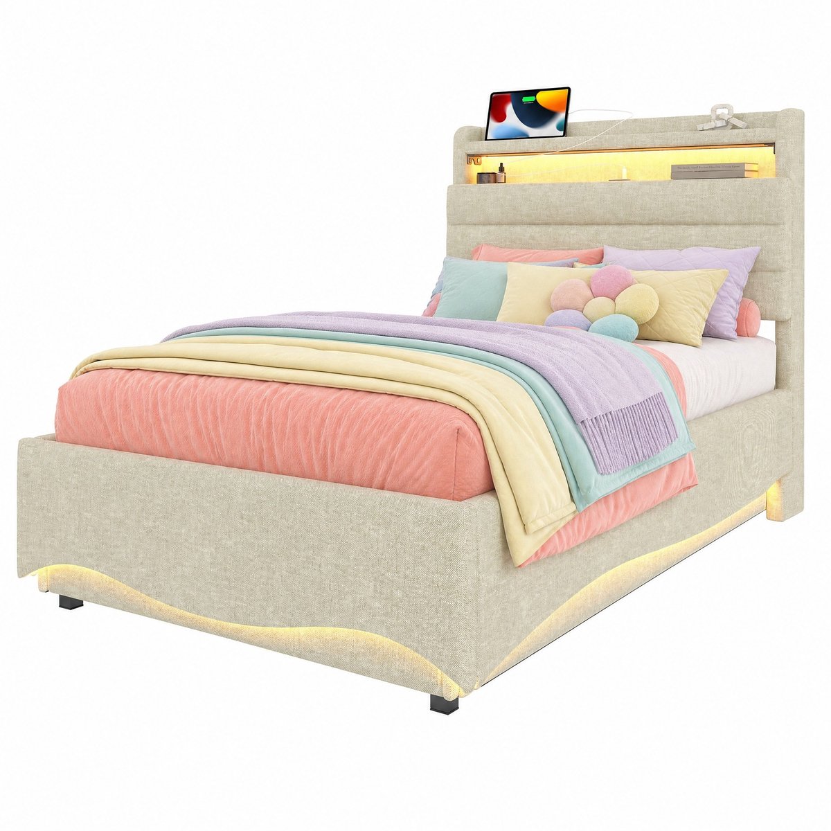 WUVRIE Bed 90x200 cm met LED-verlichting, hydraulische opbergruimte, USB en Type-C, beige