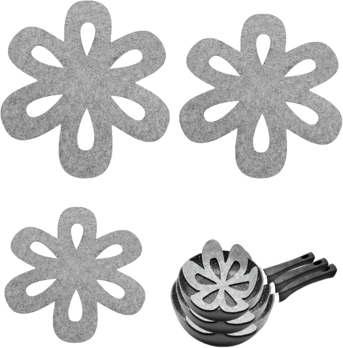 Set van 3 Pannenbeschermers, Warmtebestendig en Wasbaar, Antislip Stacking Bescherming voor Pannen, Potten en Keukenaccessoires in 3 Verschillende Maten (35.5/26/20 cm), Grijs, Ideaal voor Koken en Opbergen