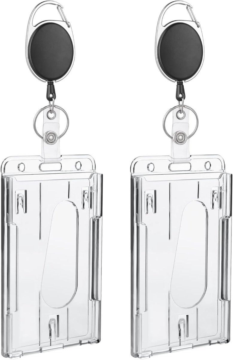 Set van 2 Stevige Badgehouders met Uittrekbare Badge Reel Clip - Hard Plastic ID Kaarthouder met Duimslot voor Zorgverleners, Onderwijs en Kantoorbenodigdheden
