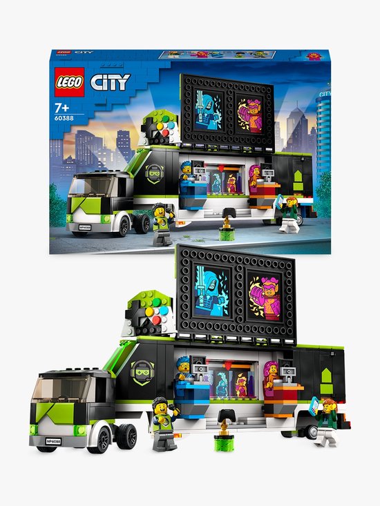 LEGO City e-sports toernooi truck met twee schermen, speelfiguren en accessoires.