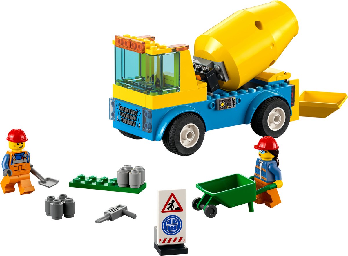LEGO® City Cementwagen 60325 bouwset; met een ronddraaiende mengtrommel, plus een bord voor wegwerkzaamheden, drilboor, kruiwagen en minifiguren van wegwerkers; bouwvoertuig voor kinderen vanaf 4 jaar (85 onderdelen) — afbeelding 6