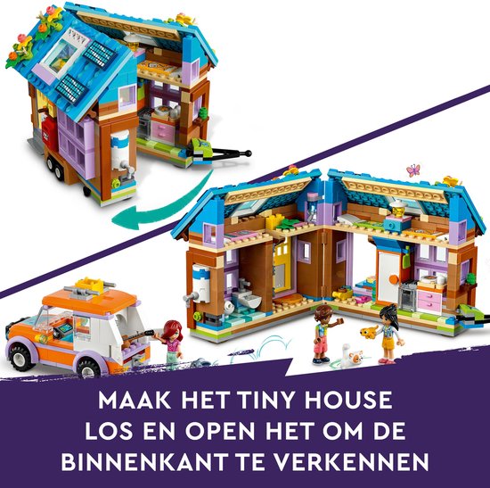 LEGO Friends tiny house, deels geopend om het interieur te tonen, met speelgoedauto en figuren.