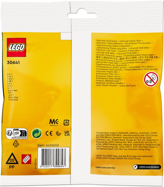 Achterkant van een LEGO-verpakking met waarschuwingen en productinformatie.
