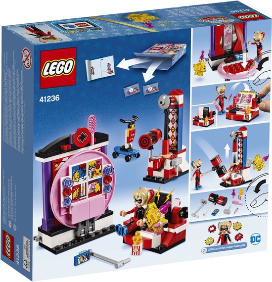 LEGO-doos 41236 Harley Quinn's Nachtverblijf met afbeeldingen van de speelset.