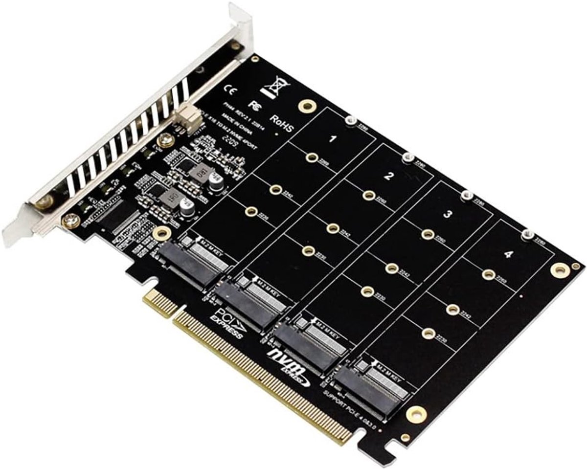 4-poorts NVMe naar PCIe X16 adapter - M.2 NVMe M Key schijf converter en uitbreidingskaart voor snelle opslagoplossingen