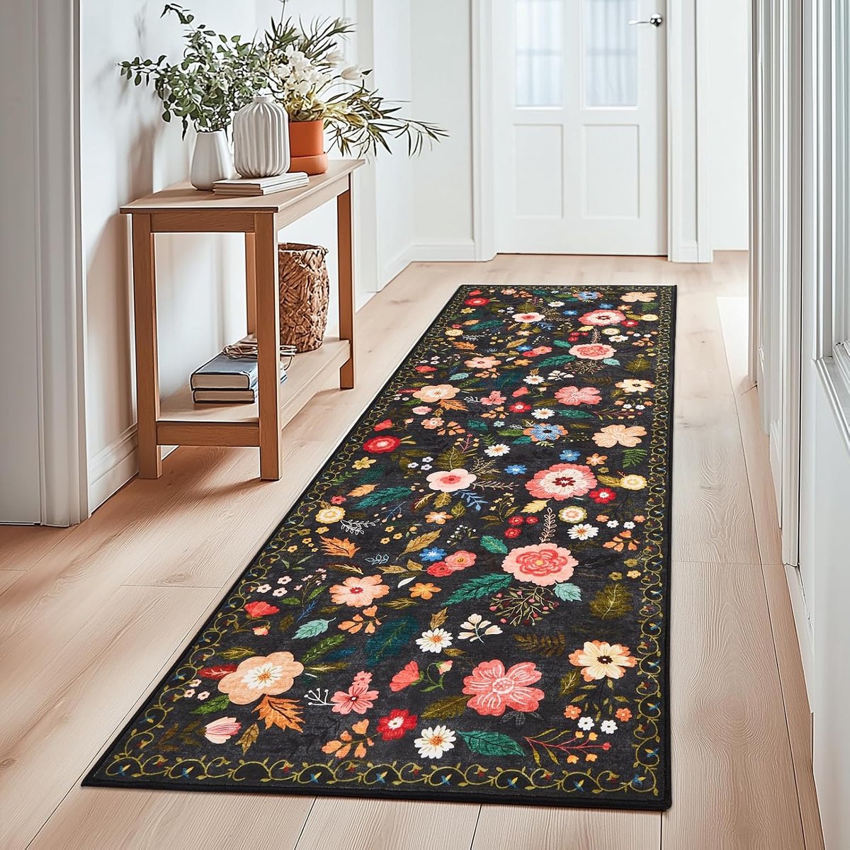 Vloerkleed - 80 x 150 cm - Rubber - Laagpolig - Vintage oosters - Antislip - Zwart