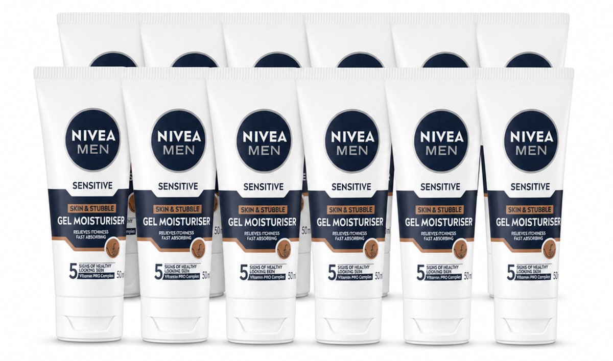 12 x NIVEA MEN - Sensitive - Gezichtsgel Huid & Stoppelbaard - 50 ml - Voordeelverpakking - 12 stuks