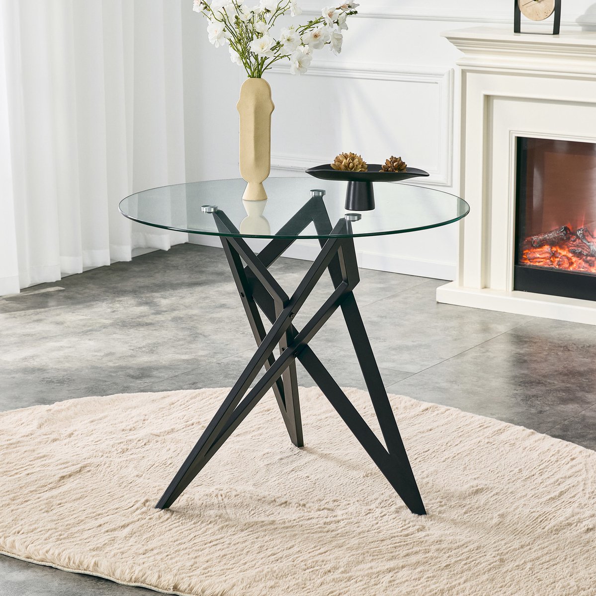 STILVORA Salontafel - Ronde Glazen Tafel Met Geometrisch Onderstel - Modern Voor Woonkamer En Lounge - Glas En Metaal - Zwart - 85 Cm