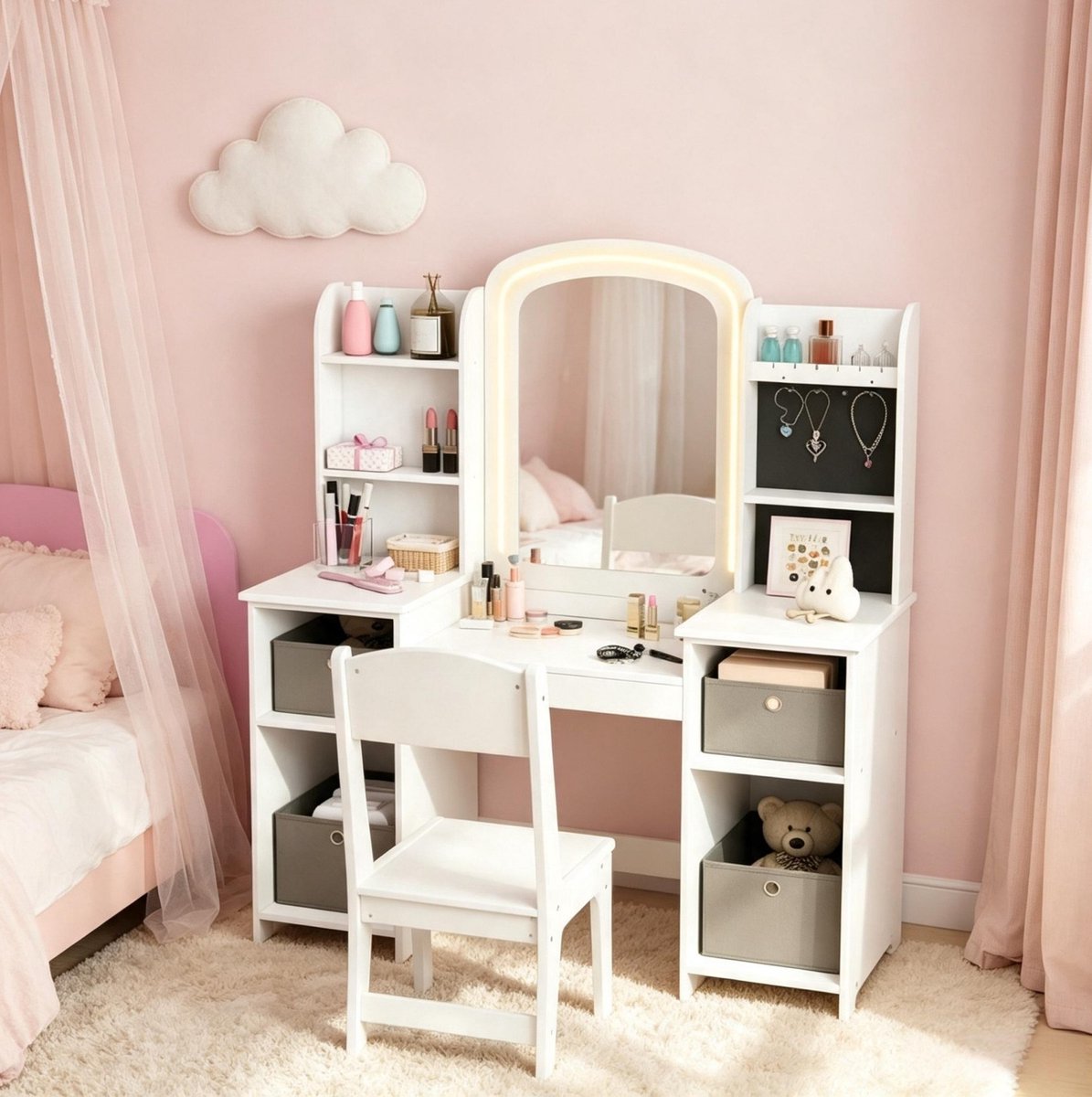 MIVRAY Kinder Kaptafel Set - Led Spiegel Met Hocker - Speel En Opruimen Voor Kinderkamer - Hout - Wit - 104 X 40 X 112 Cm