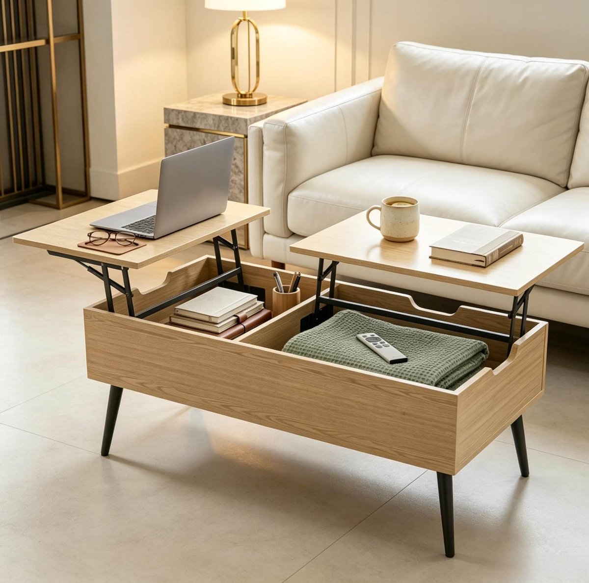 MODENUIT Salontafel - Verstelbaar Blad Met Opbergruimte - Voor Woonkamer - Zwart En Naturel - 100x50x43,6 Cm Zwart, naturel houtlook