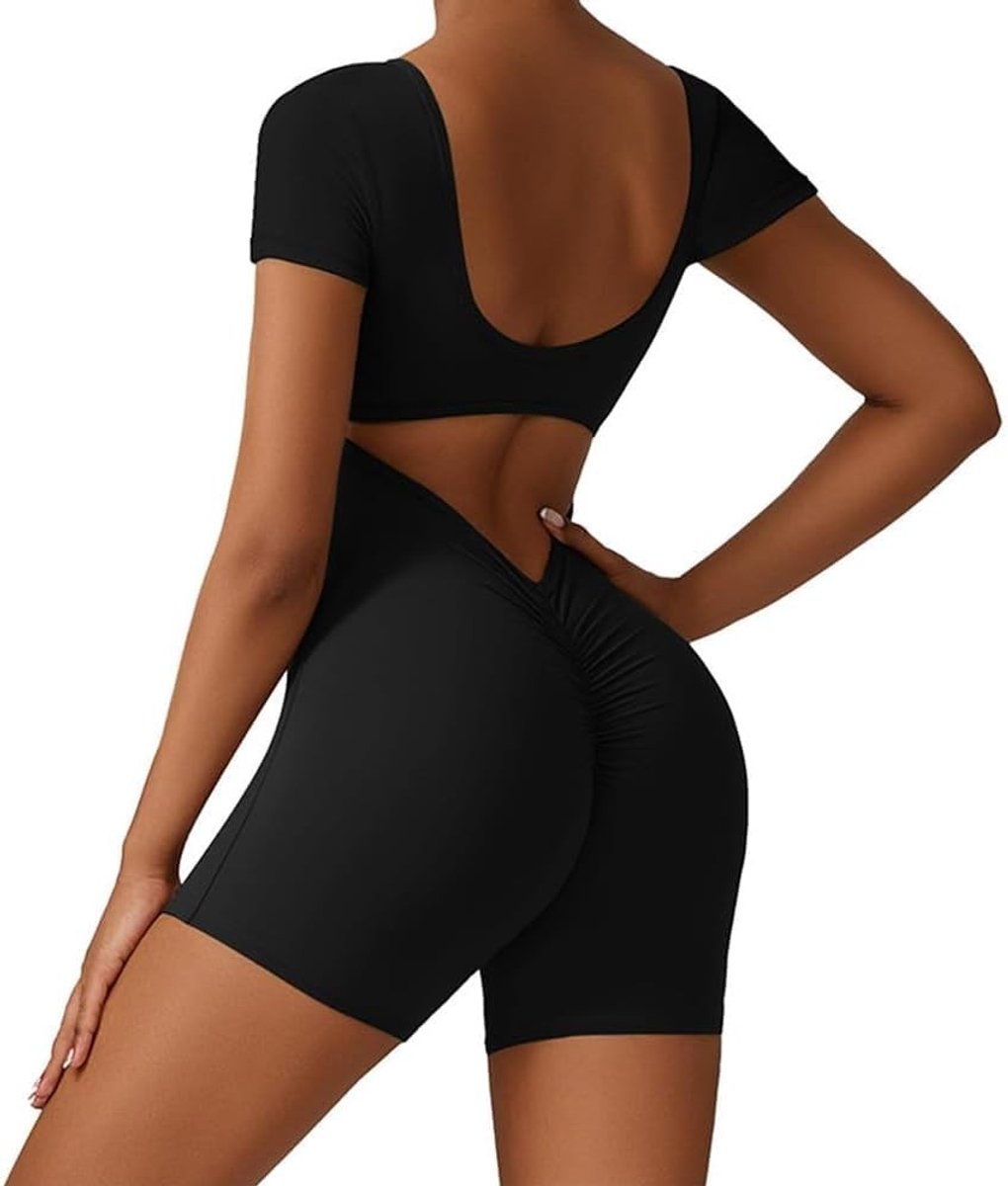 Sportieve korte jumpsuit voor dames met korte mouwen, ideaal voor zomer, yoga, strand en fitnessactiviteiten