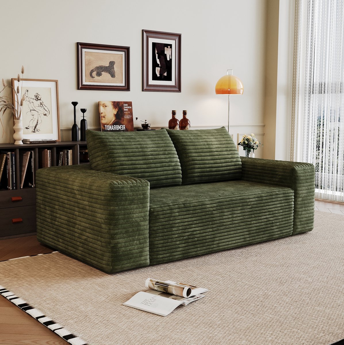 Wishdor Bank - Groene corduroy zitbank - Modulair en zonder montage - Zachte diepe zit voor woonkamer slaapkamer appartement - Stof - Groen - 180 x 83 x 95 cm