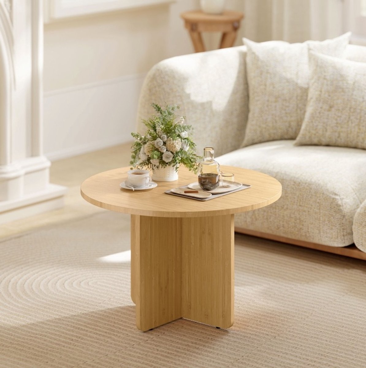 MODENUIT Salontafel - Rond Ontwerp Met Kruisvoet - Voor Woonkamer - Bamboe Naturel - 66x66x45 Cm