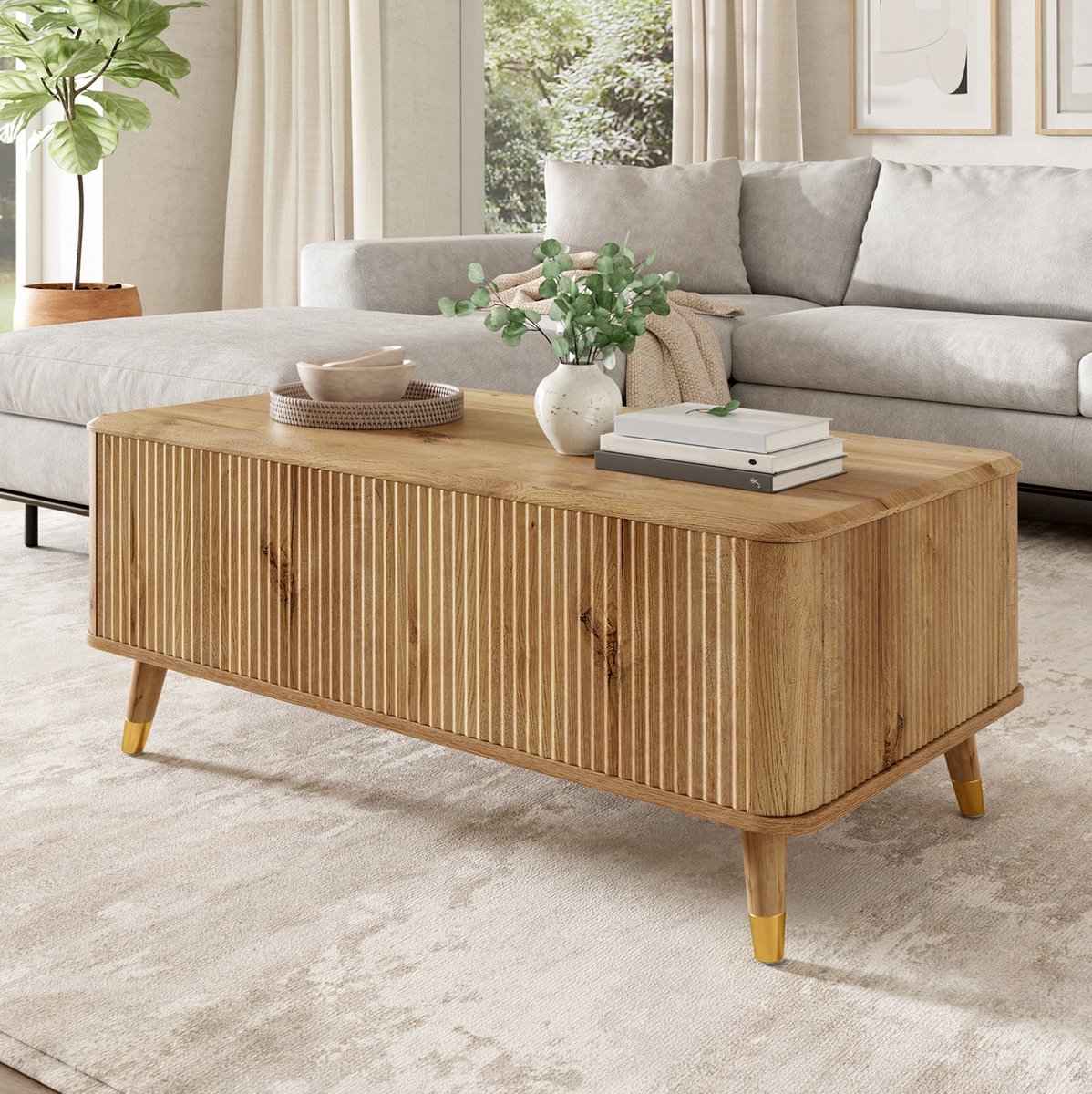 MODENUIT Salontafel - Hoogteverstelbaar Tafelblad - Woonkamer En Kleine Ruimtes - MDF - Naturel - 97x52x56,5 Cm