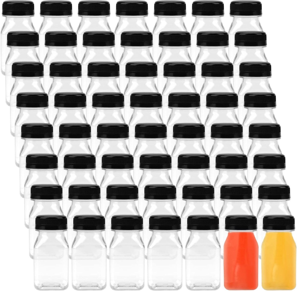 56 Stuks 100ml Plastic Flessen met Zwarte Doppen, Herbruikbare Lege Flessen voor Sap, Smoothies en Melk, Ideaal voor Drankjes en Catering