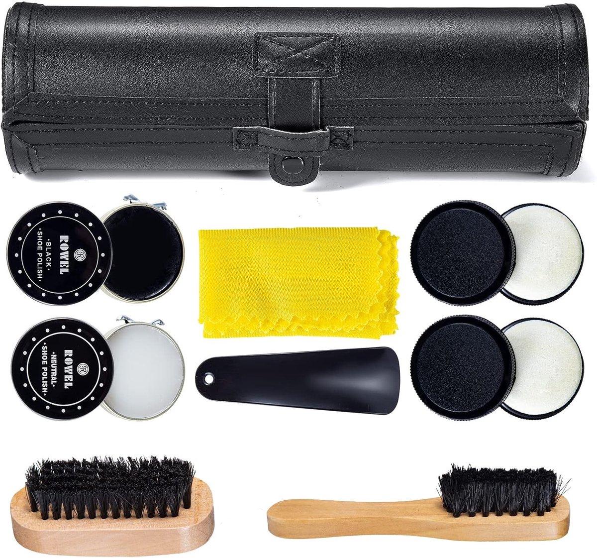 Schoenpoetsset voor Leer met Borstel en Reisdoos - 9 Delige Luxe Set voor Bruin en Zwart Leer, Inclusief Houten Applicator en Schoenlepel