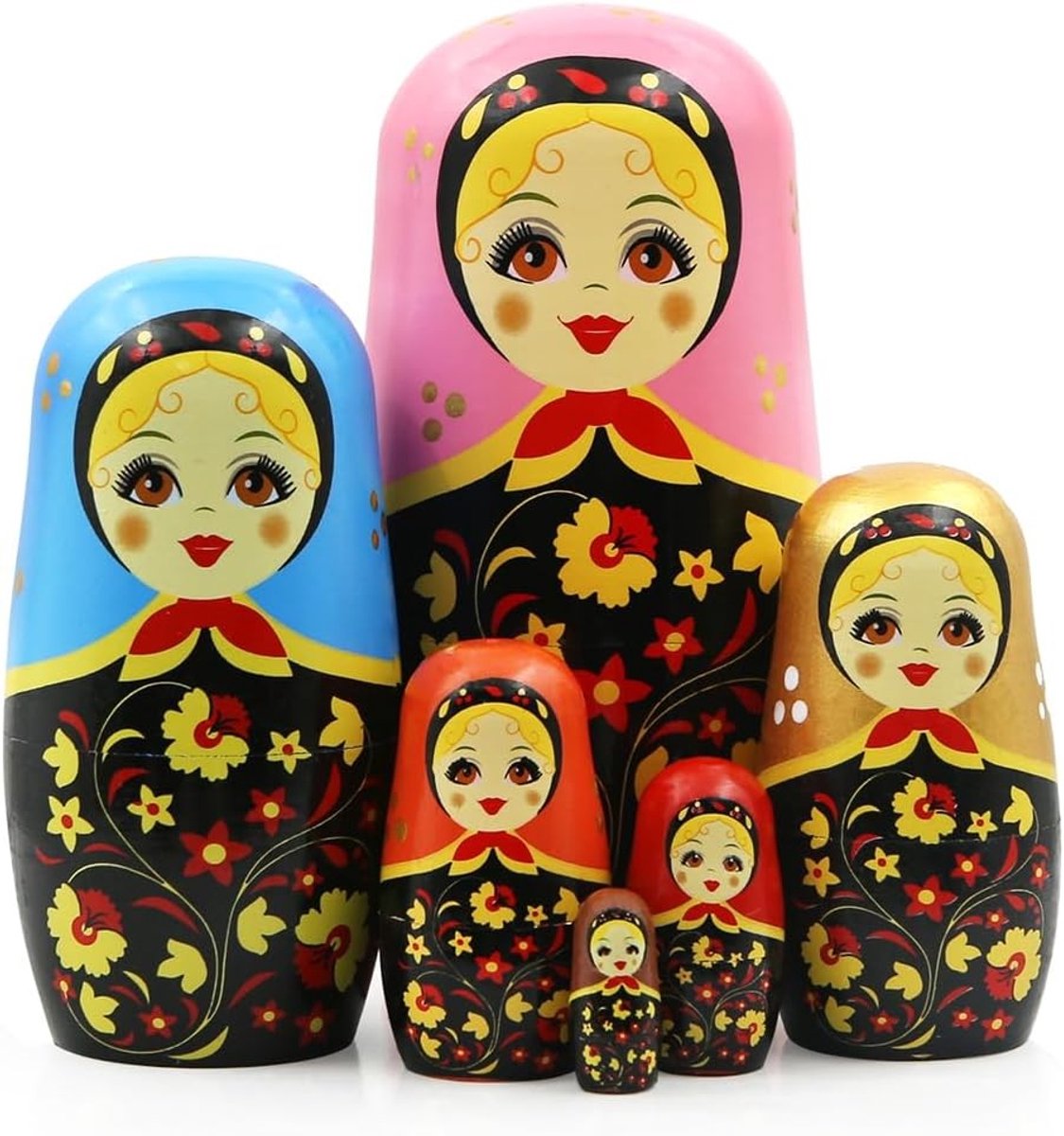 Set van 6 Roze Bloem Matryoshka Poppen, Handgemaakte Houten Nesting Dolls, Kleurrijke Stapel Speelgoed voor Kinderen, Verjaardag en Thuisdecoratie