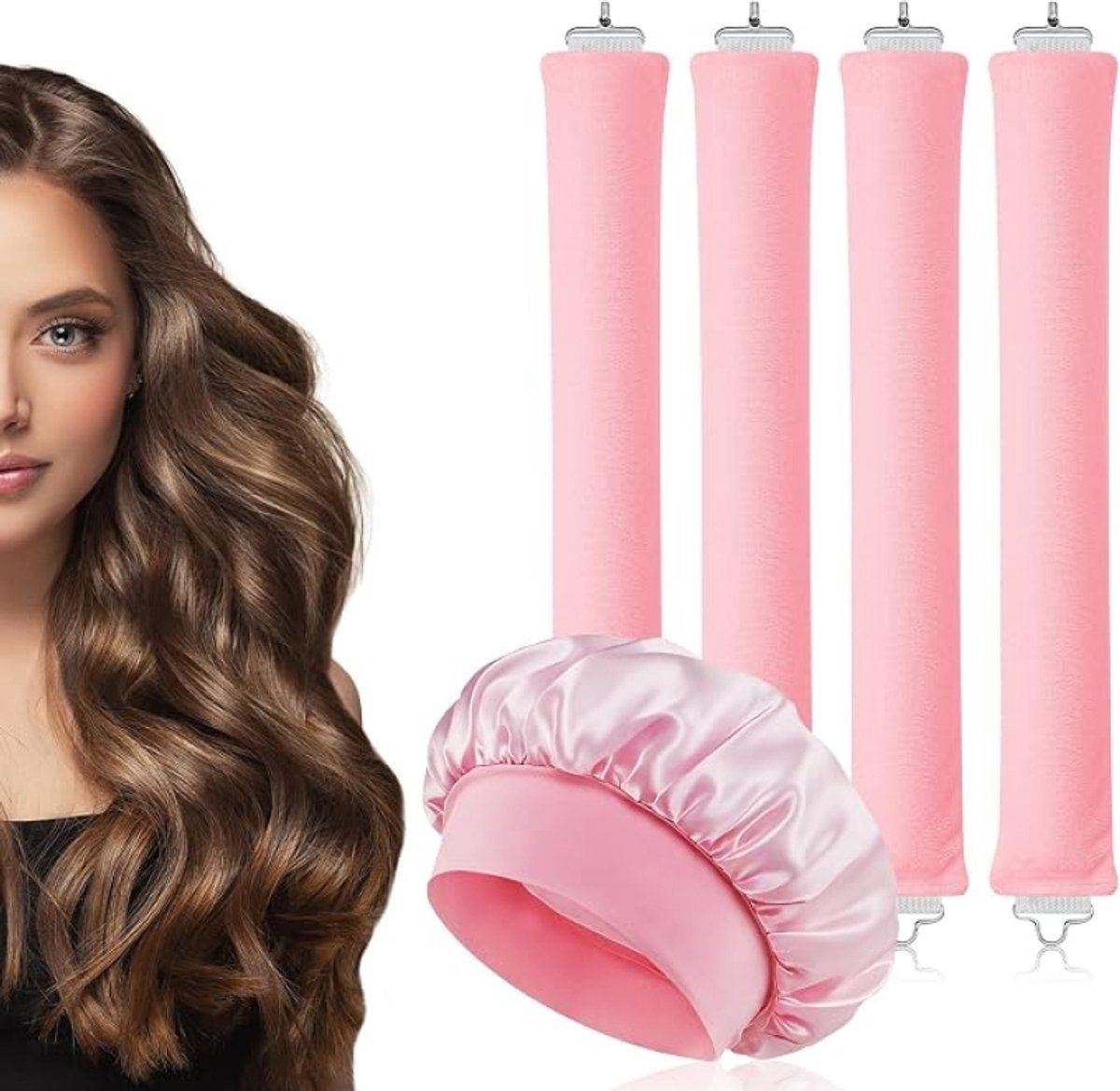 Heatless Curls Set – 5-delig – Krullen zonder hitte – satijnen slaapmuts en flexibele krulstaven voor nachtelijk gebruik