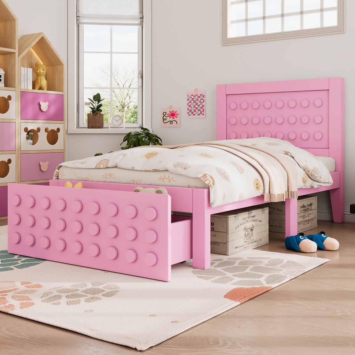 WUVRIE Kinderbed 90x200 cm met lade en opbergruimte, roze