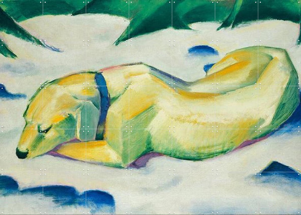 IXXI Dog lying in the Snow 1911, Franz Marc & Bridgeman Images - 140 x 100 cm - Gratis ophangtool - Grote wanddecoratie en posters - Kleurrijk