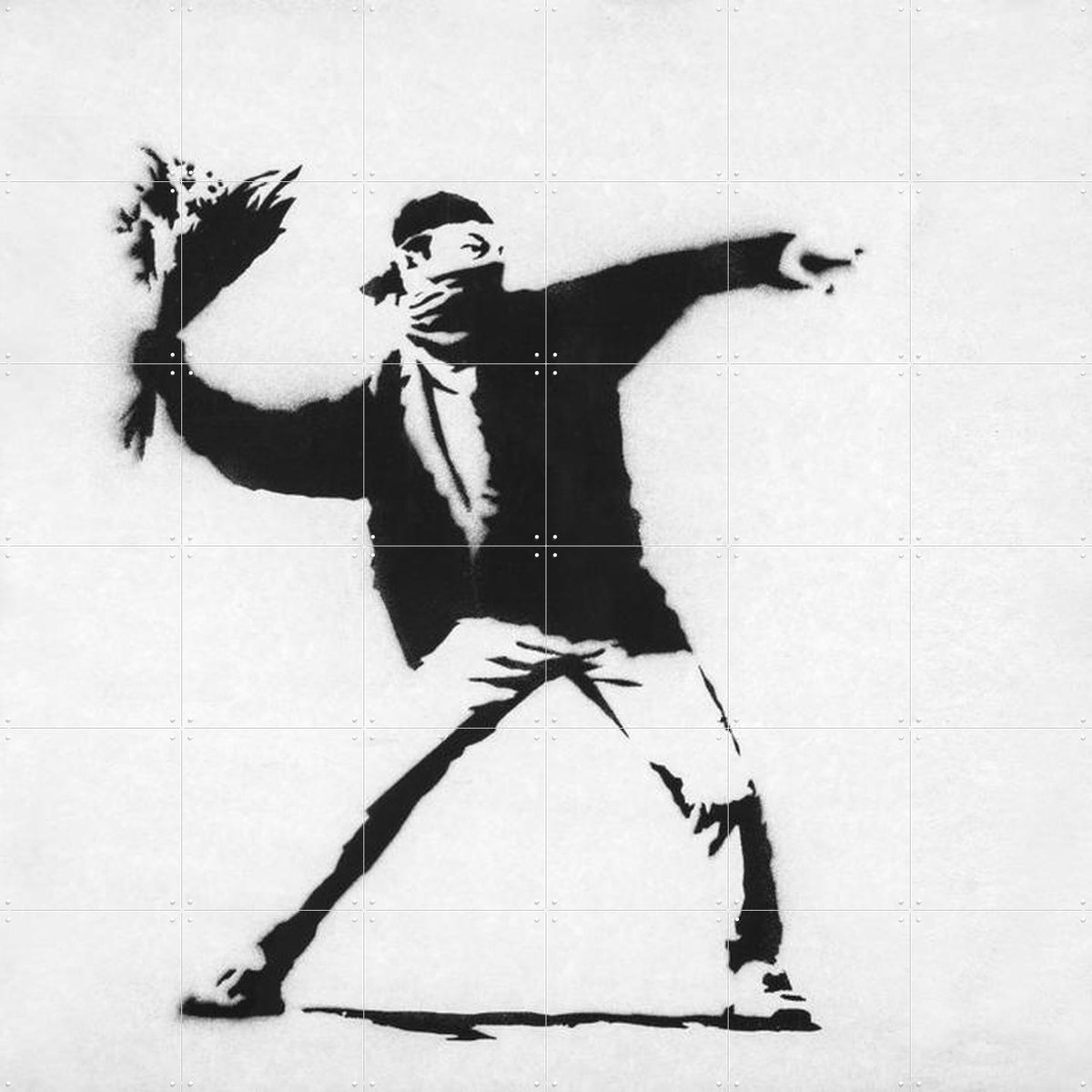 IXXI Love is in the Air white, Banksy - 120 x 120 cm - Gratis ophangtool - Grote wanddecoratie en posters - Pop art, Houtsnede, Street art
