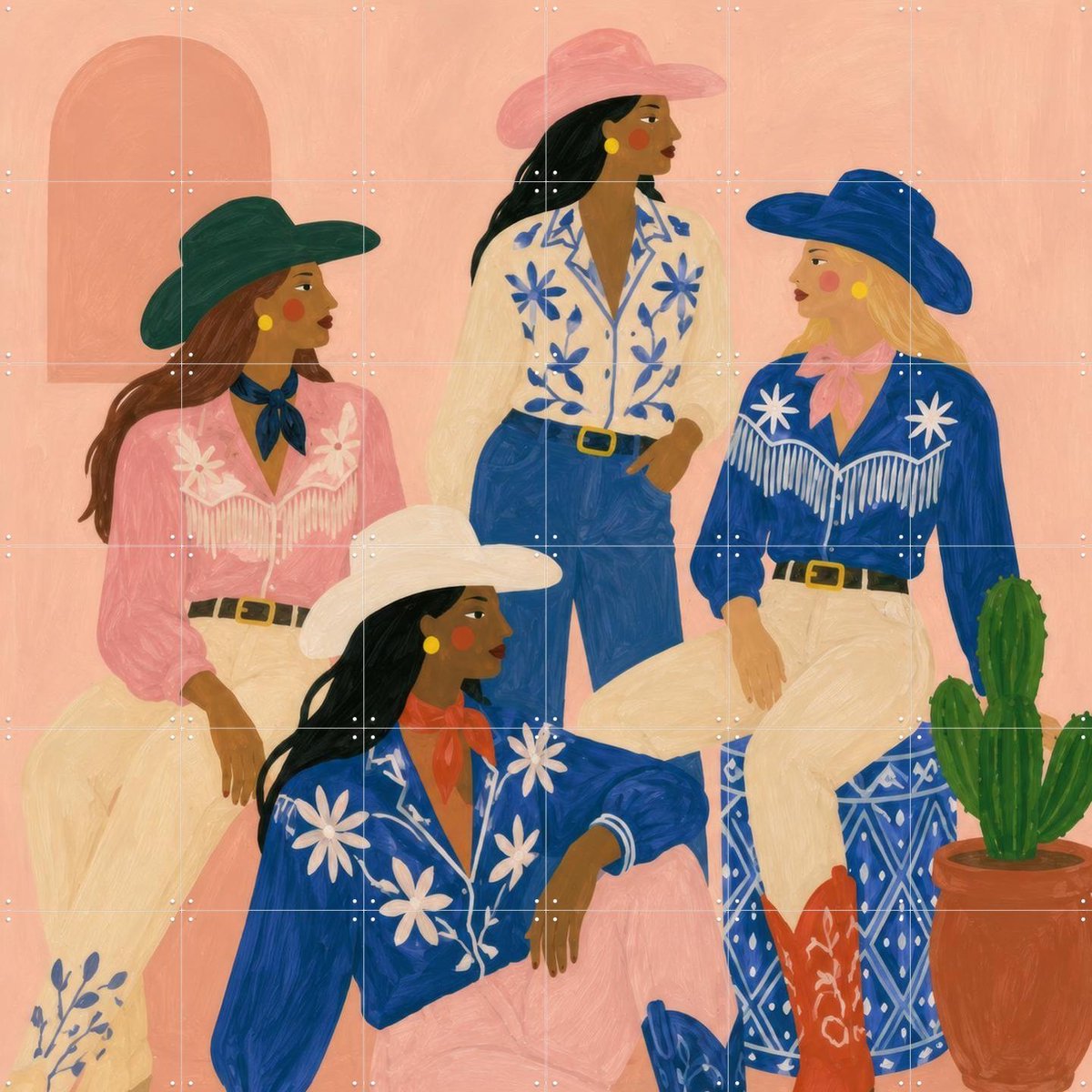 IXXI Cowgirl Collective, Atelier Pommeline - 120 x 120 cm - Gratis ophangtool - Grote wanddecoratie en posters - Modern, Kleurrijk, Illustraties